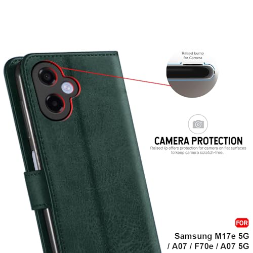 Image of TheGiftKart Flip Cover Back Case for Samsung Galaxy M17e 5G / A07 / F70e / A07 5G | Genuine Leather Finish | Designer Button | Inbuilt Pockets & Stand | Flip Back Cover Case (Faux Leather, Green)