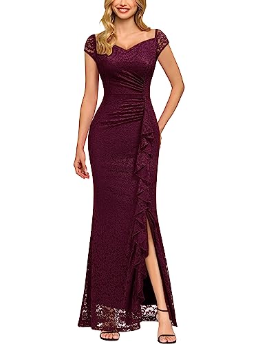 Image of MISSMAY Women's Vintage V-Neck Floral Lace Ruffle Split Formal Evening Maxi Dress