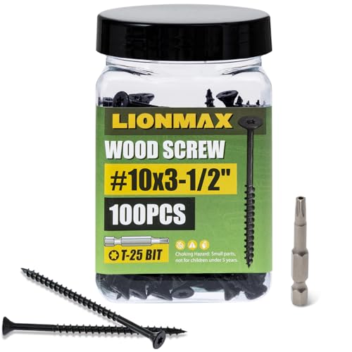 Image of LIONMAX Deck Screws 3-1 /2 Inch, Wood Screws #10 x 3-1 /2 inch, 100 PCS, Rust Resistant, Exterior Epoxy Coated, Outdoor Decking Screws, Torx /Star Drive Head Screw, T25 Star Bit Included, Black
