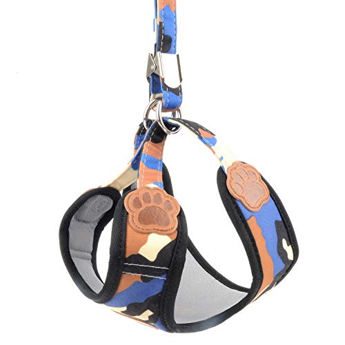 Smalllee_Lucky_Store Small Dog Cat Mesh Harness And Lead No Escape Adjustable Padded Military Camo Blue, S (Chest:9.5"-13.5",Weight 2-6.5Lbs) #TOP5