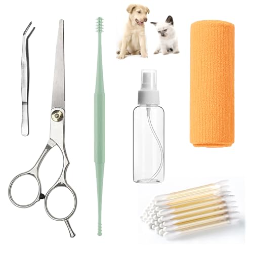 ATEYUWIS Dog Ear Cleaning Kit for Dogs and Cats Pet Ear Care Grooming Tool Set with Pet-Safe Silicone Ear Cleaner Tweezers Scissors Cotton Swabs and Cleaning Cloth