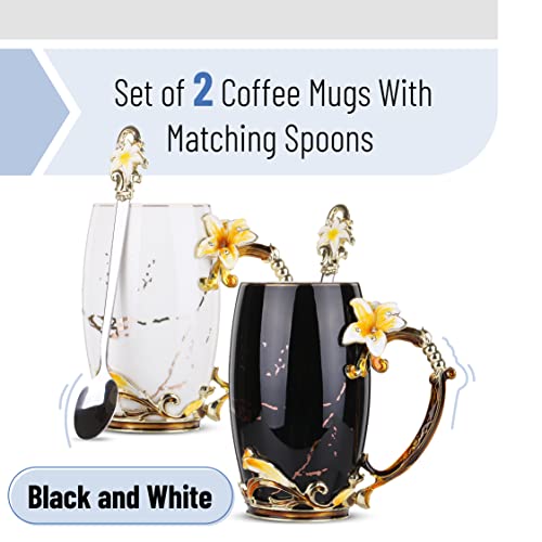 Btat - Fancy Coffee Mugs With Spoon, Floral Coffee Mugs, Set Of 2, Black And White, Ceramic Tea Cup, Tea Cup, Fancy Tea Cups, Gifts For Women, Tea Mugs For Women, Flower Tea Cup, Tea Sets For Women. #TOP1