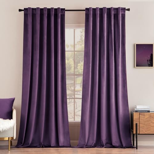 Image of MIULEE Purple Velvet Curtains 52x90 inches Luxury Blackout Curtains | Thermal Insulated, Super Soft Window Drapes for Bedroom Living Room, Rod Pocket & Back Tab
