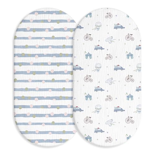 Image of Muslin Bassinet Fitted Sheets 2 Pack, Soft Breathable Cotton Baby Bassinet Mattress Sheet Set, 360 Elastic Snug Fit, Universal for Oval, Rectangle (Cute Cars, Bassinet Sheets 2 Pack)
