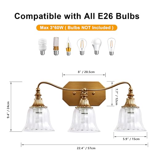 Image of LmnLvn Brushed Gold 3-Light Bathroom Light Fixture, Crystal Glass Shade
