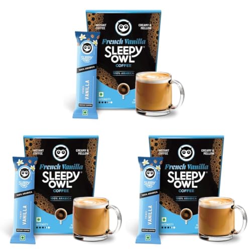 Image of Sleepy Owl French Vanilla Freeze Dried Coffee Sachets | 20g - Pack of 30 x 2g Instant Coffee Powder Sachets | 100% Arabica Beans | Aromatic Coffee Pouch | Rich & Smooth | Easy to Use & Carry