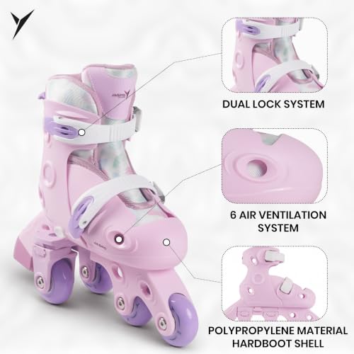 Image of Jaspo Novice 2-in-1 Kids Roller Skates Combo- Inline to Quad Convertible | Adjustable Size | PU Wheels | Fiber Body | Lightweight & Comfortable Skating Combo (Purple, Extra Small)