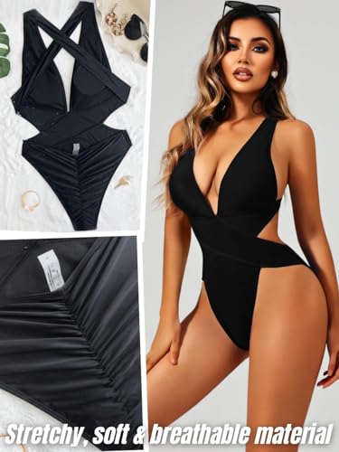 Sexy One Piece Swimsuit,Plunge Backless Color Block Swimsuits for Women,High Cut Scrunch Butt Monokini Beach Pool4