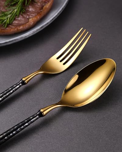 20-Piece-Hammered-Black-Gold-Silverware-Set1810-Stainless-Steel-Forging-Heavy-Duty-Cutlery-Set-for-4-Luxury-Unique-Flatware-SetSpoons-and-Forks-SetMirror-PolishedDishwasher-Safe 20 Piece Hammered Black Gold Silverware Set1810 Stainless Steel Forging Heavy Duty Cutlery Set for 4 Luxury Unique Flatware SetSpoons and Forks SetMirror PolishedDishwasher Safe