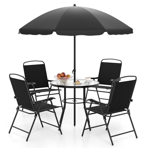 COSTWAY Gartenmöbel Set, Gartentisch mit 4 Stühlen und Sonnenschirm, Terrassenmöbel, Balkonmöbel, Gartenset, Gartengarnitur, Sitzgruppe für Terrasse, Balkon, Garten COSTWAY Gartenmöbel Set, Gartentisch mit 4 Stühlen und Sonnenschirm, Terrassenmöbel, Balkonmöbel, Gartenset, Gartengarnitur, Sitzgruppe für Terrasse, Balkon, Garten