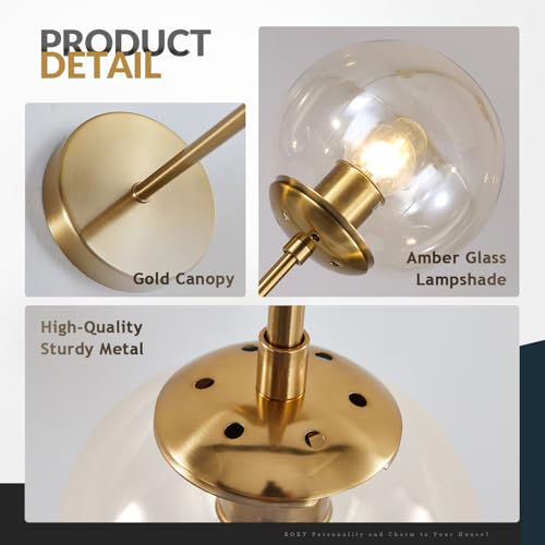 Image of BOKT Mid Century Modern Globe Wall Sconce Lighting Brushed Brass Gold Amber Glass Round Wall Light Fixture Vintage Vanity Globe Bathroom Bar Wall Lamp (Gold+Amber)