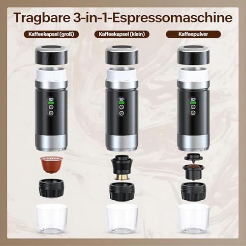 Tragbare Kaffeemaschine, 3-in-1Reisekaffeemaschine, elektrische Heizung, wiederaufladbare 12v Kaffeemaschine, für Büro, Reisen, Zuhause, kompatibel mit Espressokapseln und gemahlenem Kaffee (Schwarz) – Bild 3