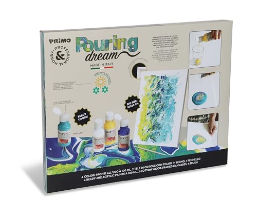 PRIMO Hobby & Professional - Maletín de Pintura Acrilica para Manualidades Adultos y Artistas +14 Años, 4 Colores Acrílicos 100 ml para Pintar Pouring y Pintura Textil Permanente + 2 Telas + 1 Pincel