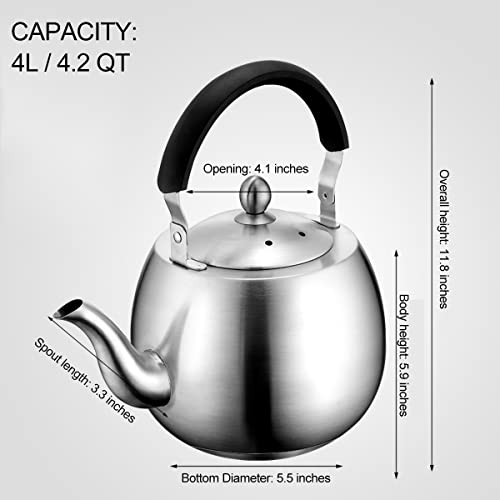 Heavy Duty Tea Kettle Stovetop Whistling Teakettle Teapot, Seamless Bottom, Stainless Steel 304, Brushed Finish, Long Spout(4L) #TOP1