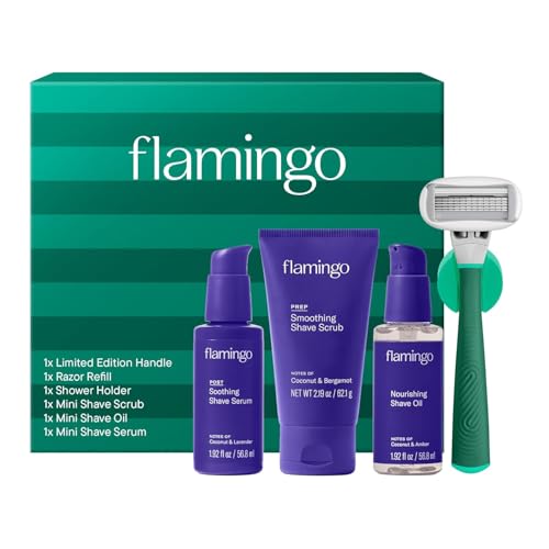 Flamingo Complete Shave Set for Women- Razor Handle Blade Refill Mini Smoothing Shave Scrub Mini Nourishing Shaving Oil Mini Soothing Shave Serum and Shower Holder