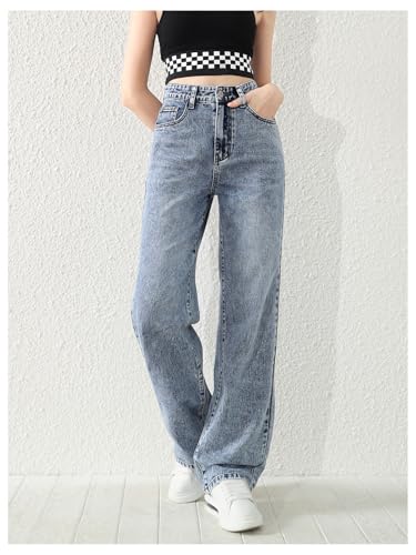 SweatyRocks Girl's High Waisted Solid Straight Leg Jeans Casual Loose Denim Pants Medium Wash 14 Years4