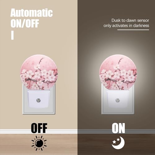 Image of Round LED Night Lights Lamp with Dusk to Dawn Sensor, Delicate Pink Background with Cherry Blossoms Night Light Plug Into Wall for Kids Room, Bedroom, Bathroom, Kitchen, Hallway