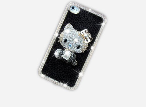 Hello Kitty Luxury Black leather Rhinestone Crystal Case Cover for iPhone 4 4S