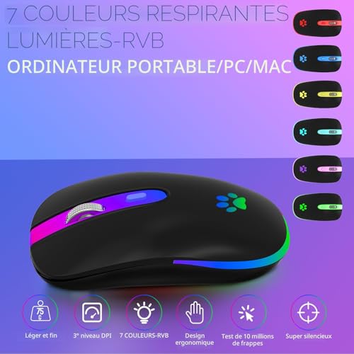 KBCASE Souris sans Fil Rechargeable, Souris Bluetooth Rétroéclairée de 7 Couleurs avec Mini récepteur USB de 2,4G, Souris Gamer pour PC, Mac, Ordinateur Portable, Chromebook, Notebook,Windows,Andriod – vue 2