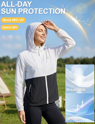 Image of Venzina Women's Loose- Fit Sun Protection Hoodie -UPF 50+ Ultra-Lightweight Wind-Resistant Jacket with Elegant Color-Block Design, Packable & Quick-Dry for Travel, Hiking & Daily Outdoor