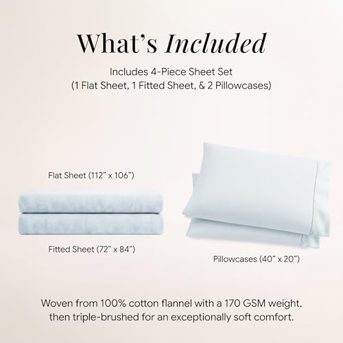 Image of Tribeca Living Triple Brushed Soft Cotton Flannel Sheets Set, Cal King Size 170-GSM Weight Extra Deep Pocket Sheet in Solid Sky Blue Color