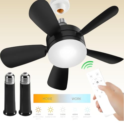 Socket Fan Light with Remote and 2 Socket Extenders, Socket Ceiling Fan Light with Dimmable LED 3 Colors 3000K-6000K, E26 Screw Socket Fan, 2000 Lumens, Ceiling Fan for Bedroom Kitchen Garage (Black)