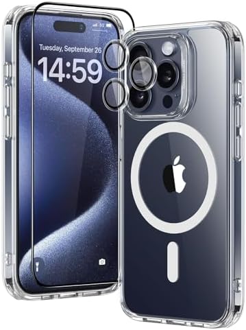ESR for iPhone 15 Pro Case Set, 1 Tempered-Glass Screen Protector, 1 Set of Lens Protectors, Military-Grade Protection, Yellowing and Scratch Resistant MagSafe Phone Case, Classic Series, Clear