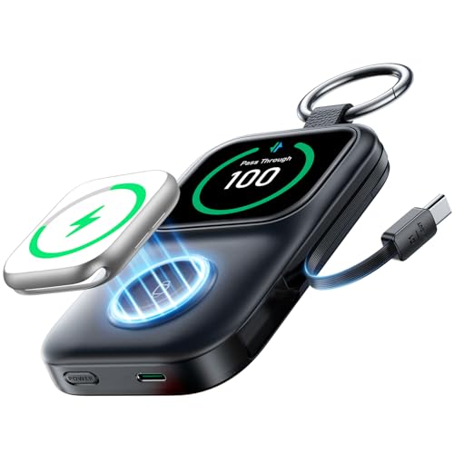 JOYROOM 5000mAh Mini Powerbank für Apple Watch 11 mit USB C Ladekabel [LED-Display & Schlüsselanhänger] Magnetisch Tragbare Externe Handyakkus kompatibel mit Apple Watch S11/10/9/8/7/6/5/SE3/Ultra3