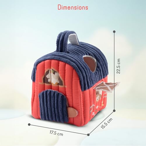 Image of Bonfino Premium Barn House Playset with Carry Handle for Kids, 7 Plush Animal Figurines, Educational Montessori Learning Toy for Toddlers, Soft Pretend Play Set, Birthday Gift for Boys & Girls