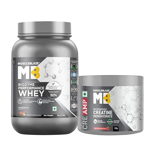 Image of MuscleBlaze Biozyme Performance Whey Protein Powder, Chocolate Hazelnut (1kg / 2.2lbs) & Micronised Creatine Monohydrate CreAMP, Watermelon Kool Aid (30 Servings, 120g) | Combo Pack