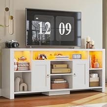 LIKIMIO TV Stand for TVs 80 inch with LED Lights & Power Outlet, Entertainment Center with Cabinets, Adjustable Shelves and Open Shelves, Modern Media TV Console Living Room, White