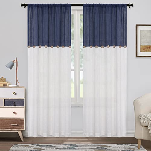 Homerry Navy And White Stripe Color Block Window Curtain Panel Linen Blend Rustic Button Drape Treatment For Bedroom Living Room Farmhouse With Rod Pocket, W52 X L72 Inches, Single Panel #TOP7