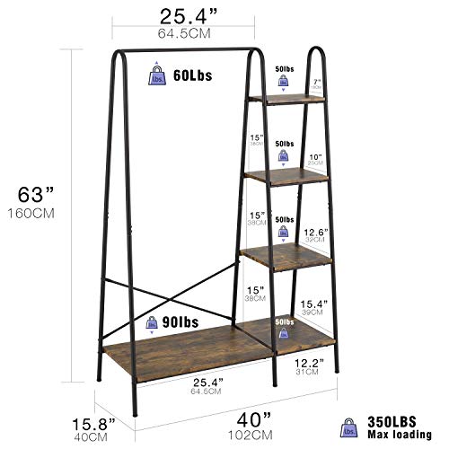 Finnhomy Rustic Clothes Rack, Clothing Rack For Hanging Clothes Heavy Duty Garment Rack With 5 Wood Shelves Freestanding Portable Closet Organizer For Bedroom/Entryway/Boutiques，Matte Black #TOP2