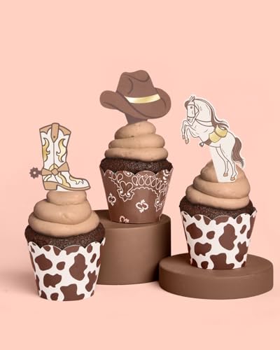 xo, Fetti Western Cupcake Liners + Toppers - Set of 24 | Rodeo Birthday Cake Decoration, Hoedown Bachelorette Food Accessory, Kids Party Supplies