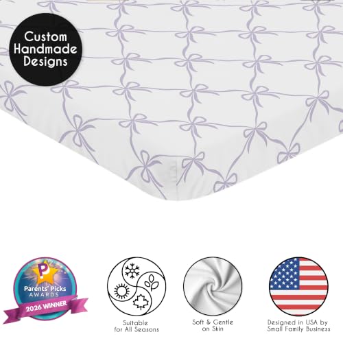 Image of Sweet Jojo Designs Baby Fitted Mini Crib Sheet (Purple Bows) for Girls, Newborn /Infant Nursery, Play Yards, Portable Cribs (Princess, White & Lavender Bow Vintage Coquette Aesthetic, Elegant, Classic)