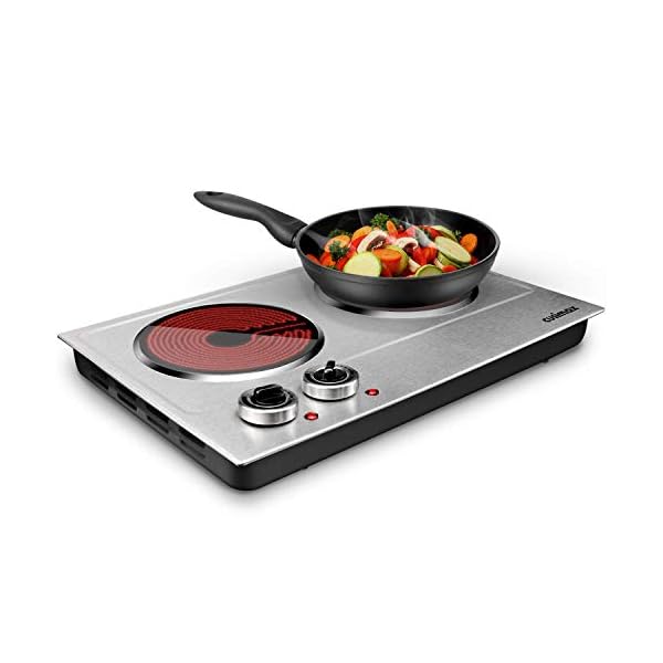 CUSIMAX 1800W Ceramic Electric Hot Plate for Cooking, Dual Control Infrared Cooktop, Double Burner, Portable Countertop Burner, Glass Plate Electric Cooktop, Silver, Stainless Steel-Upgraded Version