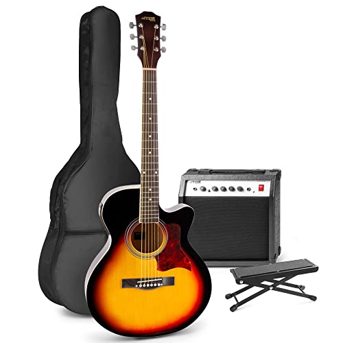 MAX ShowKit Set de Guitares Électriques et Acoustiques avec Banc – Sunburst, Idéal pour Débuter la Guitare - Les Beatles, Paul McCartney, John Lennon, RIngo Starr, George Harrison MAX ShowKit Set de Guitares Électriques et Acoustiques avec Banc - Sunburst, Idéal pour Débuter la Guitare