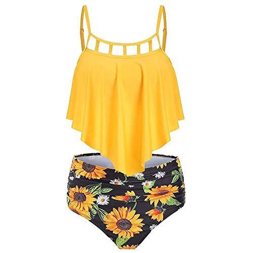 Women's Retro Flounce High Waisted Bikini Ruffle Halter Two Piece Swimsuit Tummy Control Bathing Suit Flounce Tank Tops Sunflower Padded Push Up Bottom Beach Swimwear Tankini Sets Yellow X-Large #TOP3