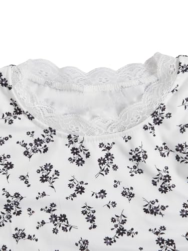 Image of RoseSeek Girl's Ditsy Floral Print Lace T Shirt Short Sleeve Ribbed Ruched Cute Tee Shirts Summer Tops