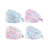 Ziyonix 4 Stück Op Haube mit Knöpfen, Baumwolle Krankenschwester mit Schweißband, Bandana Arbeitskappen Verstellbare Chirurgische Hut für Frauen und Männer (B)