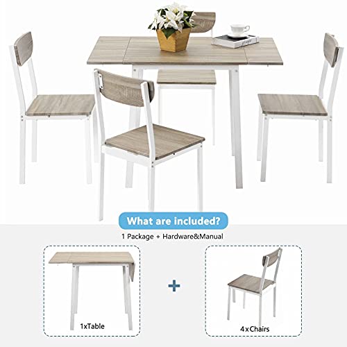 UNI FAM 5-Piece Modern Metal Dining Set with 1 Drop Leaf Dining Table and 4 Chairs Home Kitchen Furniture Dinette Set (Light Grey Finish)