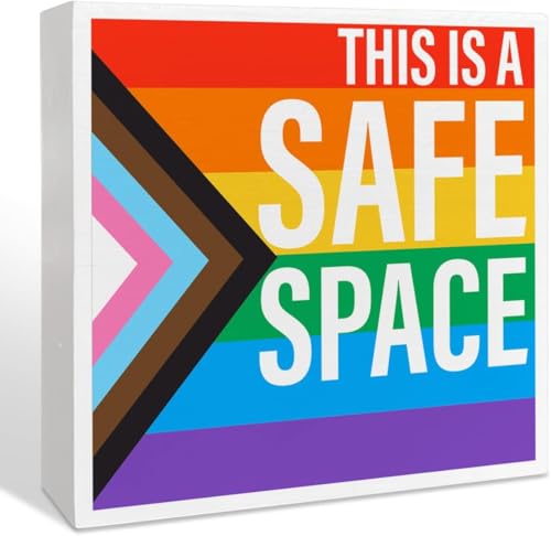 Inspirational Quote Desk Wooden Sign Decor Lgbt Pride-This Is A Safe Space Wood Box Signs Motivational Desk Decor For Home Office Bedroom Table Decor 5X5 Inch