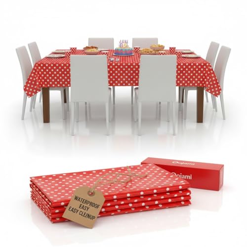 Oojami 4 Pack Red and White Polka Dot Tablecloths, Plastic Disposable Table Covers 54 x 108 Inch, Rectangular Waterproof Tablecloth for Birthday Party, Picnic, Baby Shower, Holiday Decorations