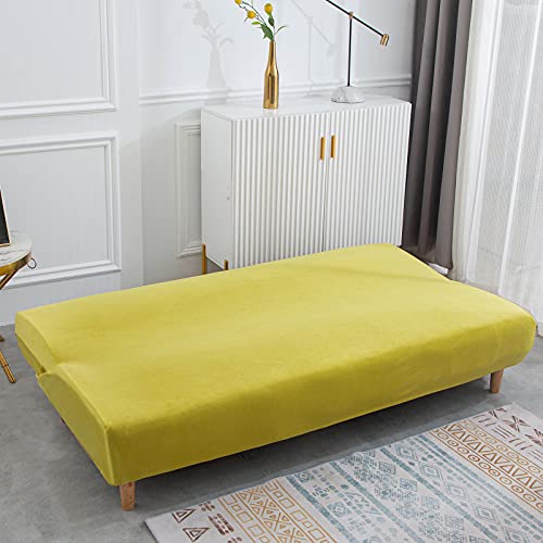 Armless Futon Slipcover Sofa Cover Stretch Velvet Folding Sofa Bed Non-Armrest Couch Furniture Protector (Velvet Grass Yellow) #TOP3