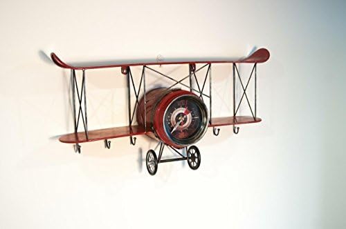 Vintage Bi Plane Wall Clock - 6 Hanging Hooks & Secret Storage Compartment