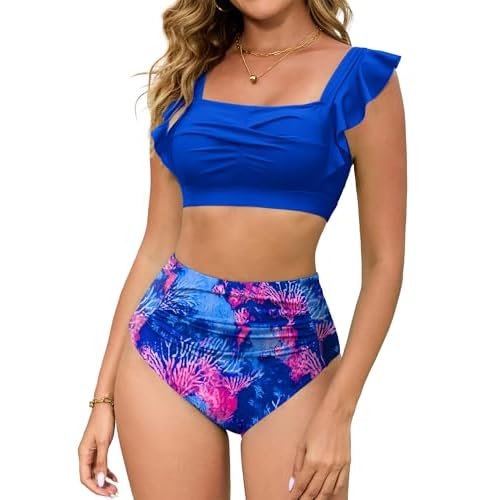 Arolina Womens High Waisted Bikini Sets Full Coverage Ruffle Swimsuits Two Piece Tummy Control Cheeky Bathing Suit Royal Blue Medium