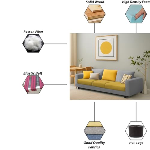 Image of Galib 3 Seater Sofa Set for Living Room (Yellow Grey Fabric) Premium Fabric Sofa Set