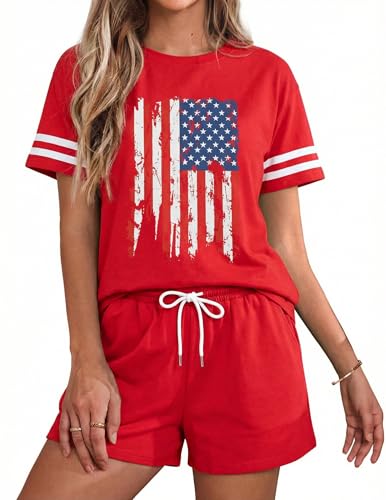 Image of VILOVE 4th of July 2 Piece Sequin Outfits Women Star Stripe Shirts and Short Sets Casual Patriotic Shirt Summer Set