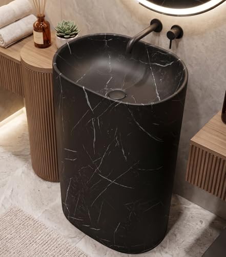 Image of BASSINO 20x14x33 Inch Pedestal Wash Basin /Free Standing Wash Basin /7 Years Warranty /Oval Ceramic One Piece Pedestal Sink for Bathroom /Living Room /Floor Mounted Washbasin(Matt Black Mix Marble)