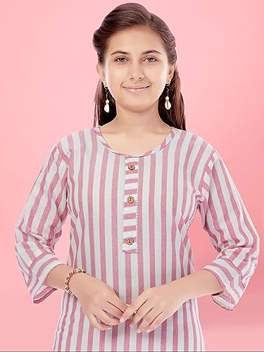 Image of Aarika Girls Cream Colour Cotton Striped Kurti